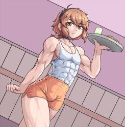 1boy 1femboy abs dish femboy glass male muscular muscular_femboy muscular_male orange_eyes orange_hair pectorals