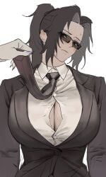 1girls big_breasts black_hair blush business_suit cleavage demon_slayer female female_focus genderswap_(mtf) huge_breasts kimetsu_no_yaiba long_hair michikatsu_tsugikuni muzan_kibutsuji necktie ponytail rule_63 solo_focus straining_buttons straining_clothing suit sunglasses sweat tight_clothing upper_body