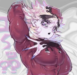 ambush_(trap) armpit armpit_crease armpit_fetish big_pecs blonde_hair demon_slayer douma kimetsu_no_yaiba looking_at_viewer male male_only medium_hair muscular muscular_male pale-skinned_male pale_skin pecs pumu_nui rainbow_eyes sharp_fingernails skin_tight solo sparkling_eyes sweatdrop thick_eyebrows tight_clothing upper_body