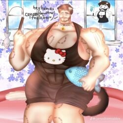 animation_meme_community bara bara_tits bed big_breasts bite_mark breasts cat_ears collar crying male male_only male_with_breasts muscular muscular_male pet_play tiktok