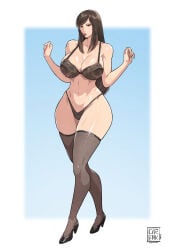 1girls big_breasts black_lingerie black_thighhighs breasts breasts_out brown_eyes brown_hair chun-li cirenk exposed_breasts female lace_bra large_breasts lingerie long_hair street_fighter thighhighs underwear variant_set