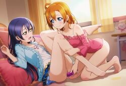 2girls ai_generated anal anal_insertion anal_sex barefoot bed bedroom blue_eyes blush blushing dildo dildo_in_ass eye_contact feet female female/female female_only kosaka_honoka legs legs_up lesbian lesbian_sex lesbians love_live! love_live!_school_idol_project maircy multiple_girls on_all_fours pussy pussy_juice pussy_juice_drip pussy_juice_on_vibrator sitting small_breasts sonoda_umi thighs yellow_eyes yuri