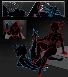 blue_eyes blue_pussy catfight comic females foot_pussy madness:_project_nexus madness_combat micholanesa red_eyes red_pussy rule_63 the_auditor the_conductor_(madness_combat)