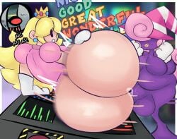 1futa 1girls ass blonde_hair bottom_heavy bottomless female futa_on_female futanari mario_(series) nintendo on_side paper_mario paper_mario:_the_thousand-year_door paper_peach pink_hair poodleskapoodle princess_peach purple_skin tec-xx text vivian_(paper_mario) witch_hat