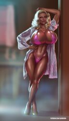 1girls 2d 2d_(artwork) anna_nicole_smith areolae_peeking big_breasts bikini bimbo bimbo_body blonde blonde_female blonde_hair breasts_bigger_than_head celebrity cleavage dargoden eyelashes eyeshadow female female_focus female_only high_heels huge_breasts leaning_against_wall leaning_on_elbow leaning_on_wall lipstick mature mature_female mature_woman milf navel nipple_bulge painted_fingernails painted_nails slippers tanya_peters the_naked_gun