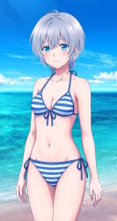 1girls bare_legs bare_shoulders beach cleavage collarbone kikuchi_fuuka looking_at_viewer medium_breasts short_hair silver_hair standing string_bikini striped_bikini