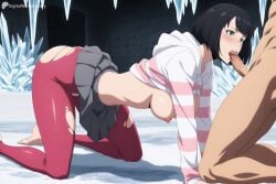 1boy 1girl ai_generated all_fours ass barefoot black_hair blush bob_cut breasts clothed_female_nude_male clothes_lift digitalwaifugallery fellatio green_eyes grey_skirt han_song-yi hanging_breasts hetero hi_res high_quality high_resolution hood hood_down hoodie large_breasts leggings long_sleeves miniskirt navel nipples no_bra nude open_mouth oral pantyhose patreon penis pleated_skirt seductive sexy short_hair skirt skirt_lift solo_focus striped_hoodie sweat teeth torn_clothes torn_pantyhose uncensored watermark