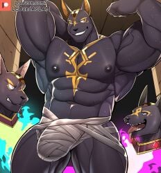 1boy abs absurdres animal_ears anuberus_(xxl) bara biceps bulge clenched_teeth english_commentary fangs flaming_head flexible floating_head furry furry_male grin highres jackal_boy jackal_ears leoandaslan_(leobongnana) looking_to_the_side male_focus multiple_heads muscular muscular_male navel nipples open_mouth patreon_logo patreon_username pectorals smile sweat teeth topless_male xxl_woofia