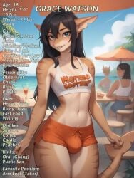 ai_generated anthro athletic black_hair bulge caption captioned furry futanari green_eyes hooters hooters_uniform long_hair shark shark_humanoid shark_tail shark_teeth small_breasts smile tall tan_body tan_skin wristwear