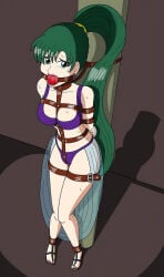 ball_gag bikini bondage bondage_fetish bound bound_and_gagged collar collar_and_leash collarbone crotch_strap damsel damsel_in_distress distress distressed distressed_expression drool drooling gag gagged gagged_female green_eyes green_hair humite-ubie kinky leash leashed leather leather_bondage leather_straps lyn_(fire_emblem) lyndis lyndis_(fire_emblem) pole_tied purple_underwear red_ball_gag sandals sweat sweatdrop sweaty sweaty_body translucent_clothing underwear videogamedid