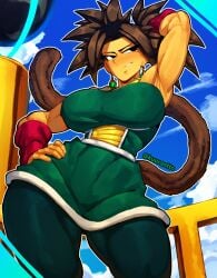 background big_breasts big_tits big_titties black_hair boobs breasts clothed dragon_ball dragon_ball_super fused fusion fusion_character gine_(cosplay) huge_boobs huge_breasts huge_tits huge_titties kefla kefla_(dragon_ball) kuurant muscles muscular muscular_female pants saiyan saiyan_female saiyan_tail tail tan_body tanned tanned_body tanned_female thick_thighs thighs tits