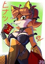 alvh_omega anthro big_breasts brown_hair choker drinking_glass fanart female_only furry_female goth_girl hi_res japanese_text leg_garter looking_at_viewer m5mona mcdonald's not_porn original_character simple_background spiked_collar