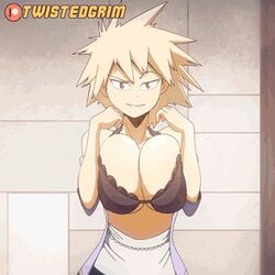 1girls animated bare_shoulders black_bra blonde_hair bouncing_breasts bra breast_press breast_squeeze breasts breasts_out cleavage female female_only flashing frown grin huge_breasts looking_at_viewer mature mature_female milf mitsuki_bakugou my_hero_academia naughty_face off_shoulder open_mouth presenting presenting_breasts raised_eyebrow red_eyes seductive seductive_smile shirt short_hair shoulders smile smiling smug solo teasing top_heavy twistedgrim underboob underwear undressing