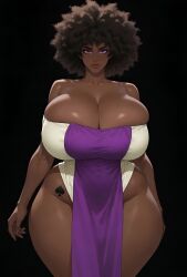 1girls african_female afro ai_generated big_breasts black_dress black_female brown_hair child_bearing_hips cleavage curly_hair dark-skinned_female dark_skin dress hand_on_hip huge_breasts looking_at_viewer mrtecta original original_character purple_eyes qos qos_tattoo queen_of_spades queen_of_spades_symbol queen_of_spades_tattoo solo solo_female thick thick_lips thick_thighs thighs
