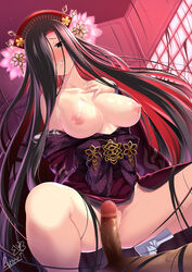 1boy 1girls artist_name bare_shoulders black_hair blush breasts butter-t censored collarbone dark-skinned_male dark_skin erection female hair_ornament hair_over_one_eye hand_on_own_chest interracial japanese_clothes kejourou_(monster_girl_encyclopedia) kimono large_breasts light-skinned_female light_skin long_hair looking_at_viewer mole mole_under_eye monster_girl_encyclopedia mosaic mosaic_censoring nipples off_shoulder parted_lips penis smile solo_focus spread_legs squatting succubus sweat very_long_hair