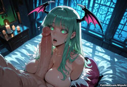 1boy 1girl ai_assisted ai_generated bangs bare_shoulders bat_wings bed breasts cleavage collarbone curtains curvaceous curvy curvy_female curvy_figure darkstalkers demon_girl erection eyebrows_visible_through_hair eyelashes eyeshadow fellatio female green_eyes green_hair head_wings heart heart-shaped_pupils hetero indoors large_breasts long_hair looking_at_viewer lying miyuai morrigan_aensland night nude on_bed open_mouth penis pov solo_focus succubus symbol-shaped_pupils thick thick_ass thick_butt thick_hips thick_legs thick_thighs uncensored veins veiny_penis voluptuous voluptuous_female wide_hips wide_thighs window wings