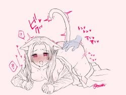 1girls arched_back ass ass_up blush breast_press breasts_out butterfly_hair_ornament cat_ears cat_tail catgirl demon_slayer disembodied_hand female female_focus kanzaki_aoi_(kimetsu_no_yaiba) kemonomimi kimetsu_no_yaiba long_hair monochrome no_bra pink_background pink_eyes skirt_down skirt_removed small_breasts solo_focus sweat twintails