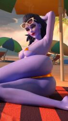 1girl 3d 3d_(artwork) 3d_model 3d_render armpits ass beach big_ass big_breasts big_butt bikini blizzard_entertainment female female_focus female_only golden_bikini lipstick micro_bikini overwatch overwatch_2 purple_hair purple_skin solo_female sunglasses swimsuit swimwear tagme thick_thighs thighs tubee3d widowmaker