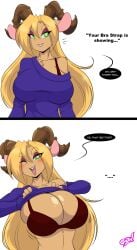 1girls 2koma amanda_(mastergodai) anthro blonde_hair blush bra bra_strap_is_showing_(meme) cleavage comic female female_only flashing furry goat heart-shaped_pupils huge_breasts looking_at_viewer makeup mastergodai meme rascals solo sweater tan_fur text wink