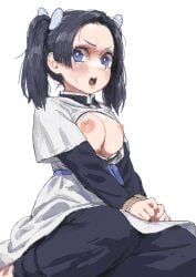 apron black_hair blue_eyes blush bound bound_wrists breasts_out butterfly_hair_ornament cleavage demon_slayer embarrassed female female_only gakuran kanzaki_aoi_(kimetsu_no_yaiba) kimetsu_no_yaiba large_areolae looking_at_viewer medium_breasts no_bra open_shirt pale-skinned_female pale_skin restrained rope rope_bondage sitting solo sweatdrop uniform