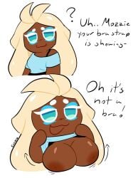 1girls 1other :3 artist_name artist_signature bra_strap_is_showing_(meme) braless breasts casual_exposure cookie_run cookie_run_kingdom dark-skinned_female dialogue flashing flashing_breasts meme mozzarella_cookie shirt_lift talking_to_another tirazyy unseen_character