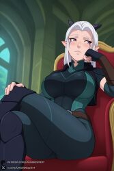 1female 1girl 1girls 2026 ai_generated artist_name belt big_ass big_breasts black_gloves blush bodysuit boots breasts chair closed_mouth crossed_legs curvy facial_mark fingerless_gloves gloves hand_on_own_knee head_rest hi_res high_quality high_resolution highres horns huge_ass huge_breasts indoors large_breasts long_hair looking_at_viewer looking_to_the_side patreon patreon_username pointy_ears purple_eyes rayla_(the_dragon_prince) sitting solo the_dragon_prince throne unjobdespiert watermark web_address white_hair