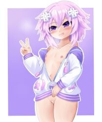 1girl absurdres bar_censor bare_shoulders border breasts censored commentary d-pad d-pad_hair_ornament emblem flat_chest hair_ornament highres hood hoodie navel neptune_(neptunia) neptune_(series) nipples nono-chan open_mouth purple_eyes purple_hair short_hair sidelocks small_breasts smile solo v white_border