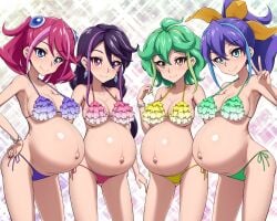 4girls akai_(artist) belly belly_bulge belly_button bikini bikini_bottom bikini_top bloated bloated_belly breasts celina curvy curvy_female curvy_figure dark_blue_hair female female_focus female_only green_hair hand_on_hip hiiragi_yuzu kurosaki_ruri large_breasts looking_at_viewer lulu_obsidian multiple_girls multiple_pregnancy peace_sign pink_hair ponytail pregnant pregnant_belly pregnant_belly_to_pregnant_belly pregnant_female pregnant_with_multiples purple_hair rin_(yu-gi-oh!_arc-v) serena_(yu-gi-oh!_arc-v) shiny_belly shiny_skin smile smiling smiling_at_viewer swimsuit thick thick_ass thick_thighs thighhighs thighs wide_hips yu-gi-oh! yu-gi-oh!_arc-v zuzu_boyle
