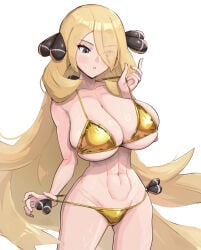abs blush cynthia_(pokemon) expressionless gigantic_breasts gold_bikini gonzarez1938 micro_bikini pokemon pokemon_dppt round_breasts