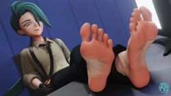 1girl 1girls clothed feet feet_up female foot_fetish game_freak pokemon pokemon_sv rika_(pokemon) ryona-ashi smelly_feet soles solo table