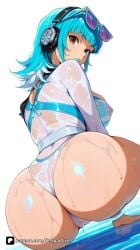1girl ai_generated artist_name ass ass_focus back bangs blue_eyes blue_hair blunt_bangs breasts brown_eyes covered_nipples eyewear_on_head from_behind headphones heterochromia huge_ass large_breasts looking_at_viewer looking_back luna_snow luna_snow_(cool_summer) luna_snow_(marvel_rivals) marvel marvel_comics marvel_rivals medium_hair one-piece_swimsuit partially_visible_vulva patreon questionable see-through senpai_pixels simple_background solo sunglasses swimsuit thighs water wet wet_clothes white_background
