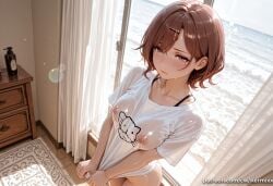 1girl ai_generated bangs blush bottomless breasts brown_hair closed_mouth collarbone covered_nipples curtains day hair_ornament hairclip higuchi_madoka idolmaster_shiny_colors indoors kermixx looking_at_viewer medium_breasts mole mole_under_eye nipples no_bra ocean purple_eyes see-through shirt short_hair short_sleeves solo t-shirt wet wet_clothes wet_shirt white_shirt window
