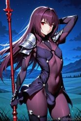 1boy ai_generated arm_up armor bodysuit bulge covered_navel covered_nipples fate/grand_order fate_(series) femboy gae_bolg_(fate) genderswap genderswap_(ftm) grass hair_intakes holding holding_weapon long_hair looking_at_viewer male mountain night night_sky outdoors pauldrons purple_bodysuit purple_hair red_eyes scathach_(fate) shoulder_armor sky solo spear standing tehmar thighhighs trans_woman transfem trap weapon