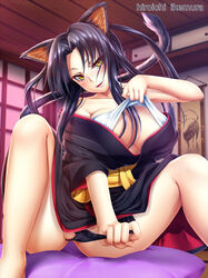 animal_ears bare_shoulders black_hair black_panties black_underwear breasts cat_tail cleavage female hair_rings high_school_dxd ikemura_hiroichi indoors kimono kuroka_(high_school_dxd) large_breasts lipstick long_hair makeup multiple_tails naughty_face nekomata nekomimi off_shoulder open_mouth pantsu pillow purple_lipstick sitting slit_pupils smile solo tail underwear undressing wafuku yellow_eyes