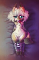 anthro ball_gag bed blue_eyes blush canine female fox gag gagged hands_behind_back looking_at_viewer lying mammal on_back pussy pussy_juice solo sorrynothing wide_hips