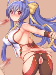 antenna_hair anus ass blazblue blazblue:_central_fiction blazblue_variable_heart blue_hair blush breasts canon_genderswap censored cowboy_shot elbow_gloves eyebrows_visible_through_hair female genderswap_(mtf) gloves imminent_rape imminent_sex large_breasts long_hair mai_natsume multiple_penises no_bra penis pink_eyes ponytail pussy rule_63 solo_focus very_long_hair