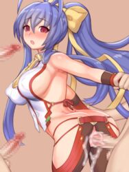 antenna_hair ass blank_stare blazblue blazblue:_central_fiction blazblue_variable_heart blue_hair blush breasts canon_genderswap censored cowboy_shot cum cum_in_pussy doggy_style elbow_gloves eyebrows_visible_through_hair female genderswap_(mtf) gloves hairbow halter_top halterneck hip_vent large_breasts long_hair mai_natsume multiple_penises no_bra open_mouth pants penis pink_eyes ponytail pussy rape rule_63 sex sideboob solo_focus vaginal_penetration very_long_hair