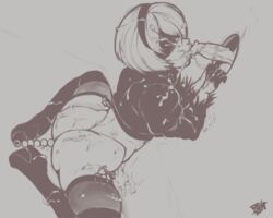 anal_beads ass balls blindfold bottomless clothes cum cum_on_hair facial fellatio female glory_hole greyscale hairband high_heels human humanoid lipstick lipstick_mark lipstick_on_penis male monochrome nier nier:_automata oral penis randomboobguy short_hair square_enix straight thighhighs video_games white_hair yorha_2b