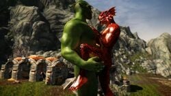 16:9 3d anthro argonian argonian_male biceps body_hair day eye_contact gay green_skin hair hand_on_butt hand_on_chest humanoid larger_male lizard male male/male mmoboys mmoboys_(artist) muscular one_leg_up orc orc_male outside penis red_scales reptile scales scalie sex size_difference sky skyrim smaller_male standing sweat the_elder_scrolls tusks video_games yaoi