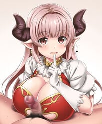 1boy alicia_(granblue_fantasy) bangs blunt_bangs blush breasts brown_eyes brown_hair censored cleavage draph earrings eyebrows_visible_through_hair female finger_to_mouth frilled_sleeves frills gloves gradient gradient_background granblue_fantasy heart horns jewelry large_breasts long_hair male_pubic_hair mosaic_censoring parted_lips penis pointy_ears pubic_hair puffy_short_sleeves puffy_sleeves short_sleeves spread_legs straight sweat white_gloves youkan