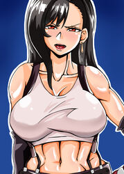 1girls alternate_version_available angry bare_shoulders big_breasts black_gloves black_hair brown_eyes busty cleavage curvy ear_piercing earrings elbow_gloves eyelashes female female_only final_fantasy final_fantasy_vii front_view gloves half-closed_eyes hourglass_figure human long_hair looking_at_viewer midriff open_mouth piercing pose posing shiny shiny_skin simple_background solo standing teamtgs tifa_lockhart tube_top tubetop video_game video_games voluptuous wide_hips