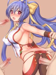 antenna_hair ass blazblue blazblue:_central_fiction blazblue_variable_heart blue_hair blush breasts canon_genderswap censored cowboy_shot doggy_style elbow_gloves eyebrows_visible_through_hair female genderswap_(mtf) gloves hairbow halter_top halterneck hip_vent large_breasts long_hair mai_natsume multiple_penises no_bra open_mouth pants penis pink_eyes ponytail pussy rape rule_63 sex sideboob solo_focus vaginal_penetration very_long_hair