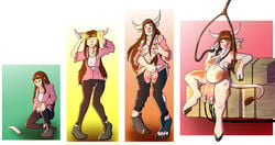 2017 anthro big_breasts biobasher bovine breast_expansion breast_milking breasts brown_hair cattle clothed clothing comic ear_tag female footwear hair hooves horn human human_to_anthro lactation long_hair looking_at_viewer machine mammal milk milking_machine nipples nude pants pigeon_toed sequence shoes simple_background sitting slightly_chubby smile solo standing story story_in_description surprise tail_growth teats torn_clothing transformation udders