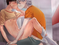 2boys anal anal_sex blush brown_hair brown_hair_bottom clothed_male_nude_male clothed_on_nude clothed_sex clothing domination erect_nipples eye_contact fully_sheathed gay hand_over_mouth hand_over_own_mouth kaworu_nagisa light_hair_on_dark_hair multiple_boys neon_genesis_evangelion nipples red_eyes sex shinji_ikari silver_hair tamako_(artist) white_hair white_hair_on_brown_hair white_hair_top yaoi