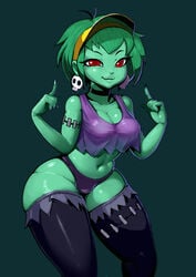 2018 breasts clothed clothing collar collarbone digital_media_(artwork) ear_piercing earrings female fully_clothed green_hair green_skin hair hairband happy hi_res human legwear looking_at_viewer mammal navel panties piercing pinup pose psycoil_(artist) purple_shirt red_eyes rottytops shantae shirt short_hair simple_background skull_earrings smile solo standing stitches stockings tank_top thick_thighs thigh_highs undead underwear zombie