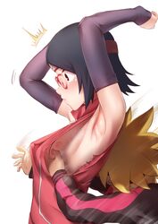 1boy 1girls areola armpit armpits arms_up assisted_exposure blush boruto:_naruto_next_generations embarrassed erect_nipples exposed exposed_nipples female flat_chest glasses gundam00uc highres male naruto naruto_(series) nipples no_bra sarada_uchiha sideboob straight surprised torn_clothes uzumaki_boruto