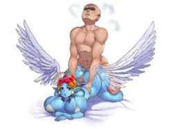 1boy 1girls abs alien angel angel_wings ass big_breasts bikini blue_skin braids breast_press breast_rest buttjob covered_buttjob eonbound goddess halo hips huge_ass huge_breasts penis phessian pink_eyes pointy_ears rainbow_hair rubbing sweat thong wide_hips xaessya