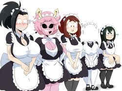 5girls :> adult_swim apron big_breasts black_sclera blank_background blush blushing breast_suppress breasts bursting_breasts busty cleavage clothed clothed_female comparison embarrassed excited faceless_female female female_focus female_only fully_clothed hagakure_tooru_(invisible) hand_on_hips height_difference huge_breasts invisible jinu large_breasts lineup maid maid_apron maid_headdress maid_uniform mina_ashido momo_yaoyorozu multiple_girls my_hero_academia nervous nipple_bulge ochako_uraraka photo pink_hair pink_skin shy simple_background size_comparison smaller_female smile sound_effects toonami tooru_hagakure tooru_hagakure_(invisible) tsuyu_asui wardrobe_malfunction white_background