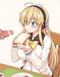 1boy antenna_hair blonde_hair blush bread breasts censored eating female food green_eyes headphones large_breasts long_hair long_sleeves null_(nyanpyoun) penis sitting tsurumaki_maki voiceroid