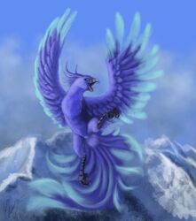 2018 animal_genitalia avian beak bird blue_eyes blue_feathers claws cloaca detailed_background digital_media_(artwork) feathered_wings feathers feral flying mountain nude open_mouth outside phinja phoenix sky smile solo tongue wings